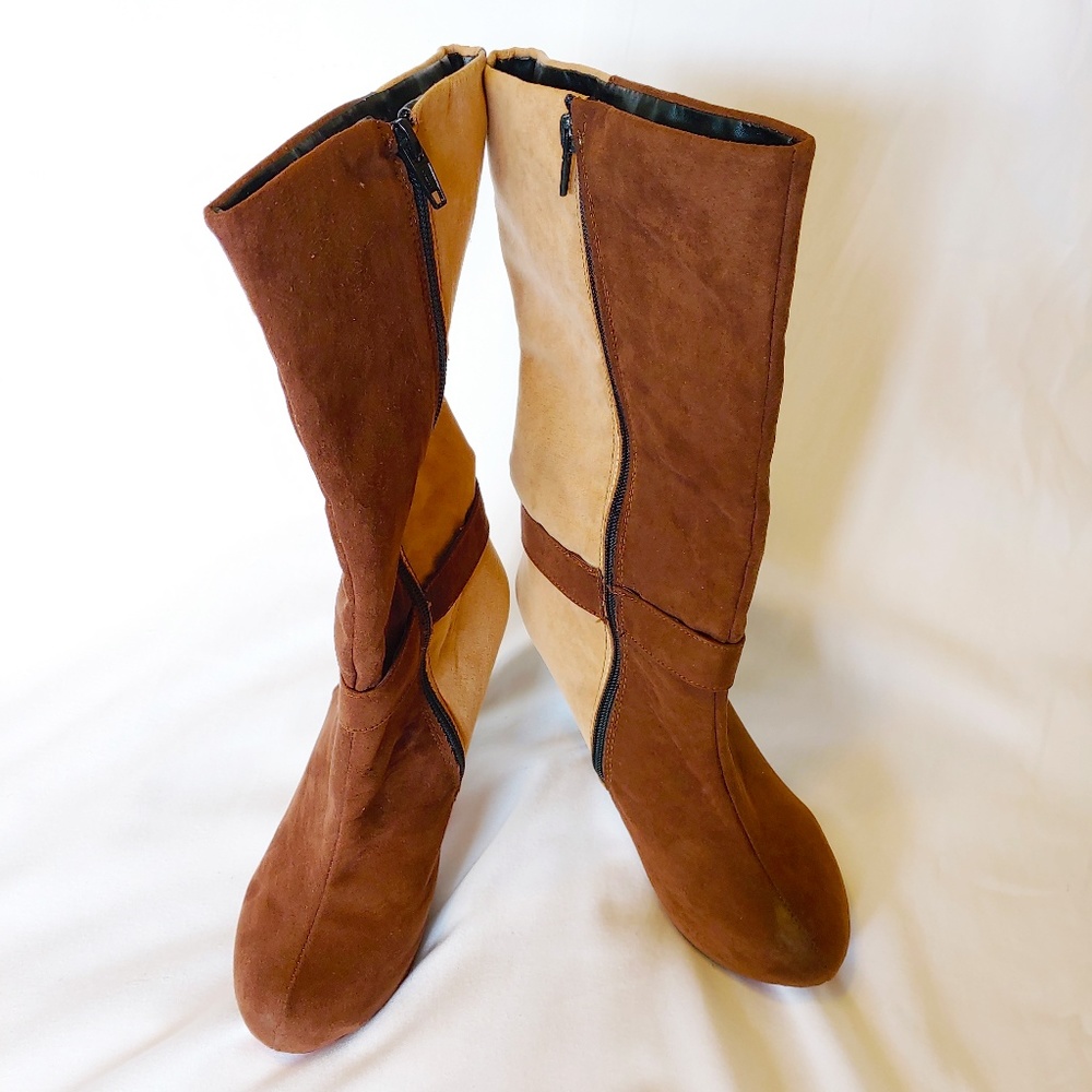Knee High Cuffed Tan Suede High Heel Boots - Sz. 7